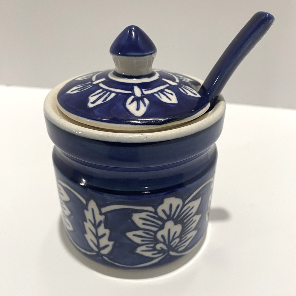 Cobalt Blue & White Jam Jelly Condiment Jar W/Spoon & Lid Ceramic India